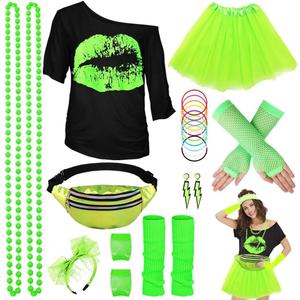 WILDPARTY 80s Costume Accessories for Women, T-Shirt Tutu Fanny Pack Headband Earring Necklace Fishnet Gloves Legwarmers (Large, Green)