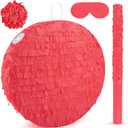 Red Round Pinata with Stick Blindfold and Confetti DIY Blank Pinata for Adults Kids Birthday Party Supplies Carnivals Thanksgiving Christmas Decorations