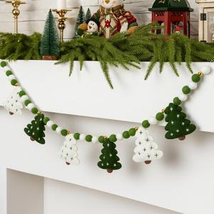 Christmas Felt Garland 3D Coquette Xmas Tree Pom Ball Banner Holiday Decorative Hanging Bunting Garland for Home Mantel Fireplace Window Wall Decor(Green White,Classic Tree)