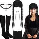Xtinmee 4 Pcs Halloween Costumes Accessories for Girls Halloween Cosplay Party Outfit Set Black Gothic Choker Wig Bag Socks for Kids