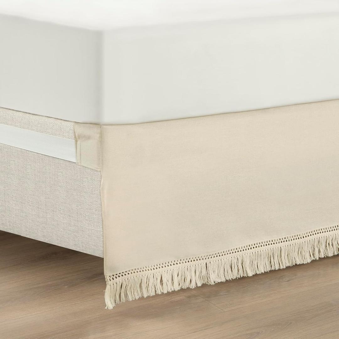 Lush Decor Boho Fringe 15-Inch Tailored Drop Easy Fit Bed Skirt King Size Single 78" W x 80" L +15" Neutral - King Bed Skirt - Wrap Around Bed Skirt
