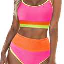 Fisoew Womens Neon Bikini Sets High Waisted Ribbed Color Block Spaghetti Straps Scoop Neck Textured Two Piece Swimsuits (Medium, Pink)