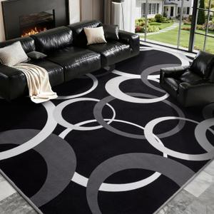 YIHOUSE Black and White 8x10 Area Rugs for Living Room, Circle Pattern Washable Rug for Bedroom Non Slip Low Pile, Soft Modern Carpet for Dining Room Playroom Home Office Decor