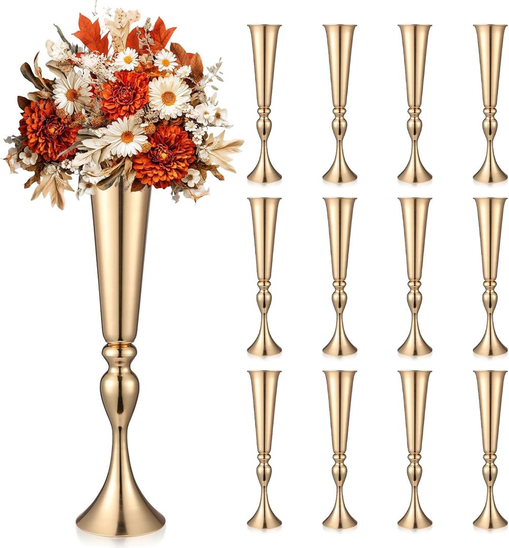 12 Pcs Tall Gold Trumpet Vases for Centerpieces & Wedding Tables - 21.65" Tall Gold Flower Vase Set with Weighted Base, Metal Trumpet Centerpieces for Tables (Bases para Centros de Mesa)