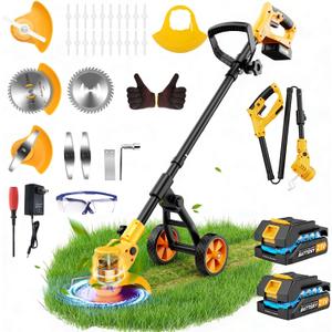 Electric Weed Wacker Cordless with Wheels,Electric Weed Eater Battery Powered 4000mAh,4 in 1 Grass Trimmer/Brush Cutter/Grass Edger/Small Lawn Mower,No String Trimmer with Blade, 2 Battery (Yellow)