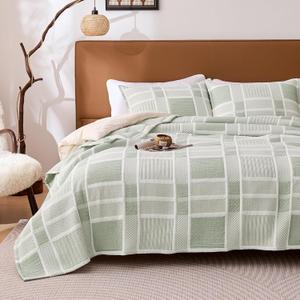 SLEEP ZONE King Quilt Set, Asymmetric Lattice Lightweight Jacquard Coverlets Reversible Bedspreads Bedding Set All Season with 2 Pillow Shams, 3 Pcs, Mint Green