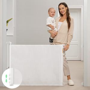 Momcozy Retractable Mesh Baby Gate or Dog Gate, Child Safety Gate for Indoor or Outdoor, 41-inches Tall with up to 71-inches Wide Extension, Black (White)