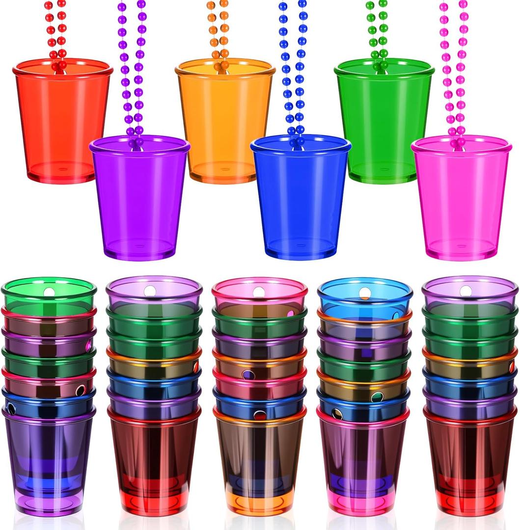 36 Pack Shot Glass Necklaces Bulk, Plastic Shot Glass on Beaded Necklace Colorful Shots Necklace Cups Bulk for Bachelorette Carnival Party Birthday Wedding Supply Festival Party Favor