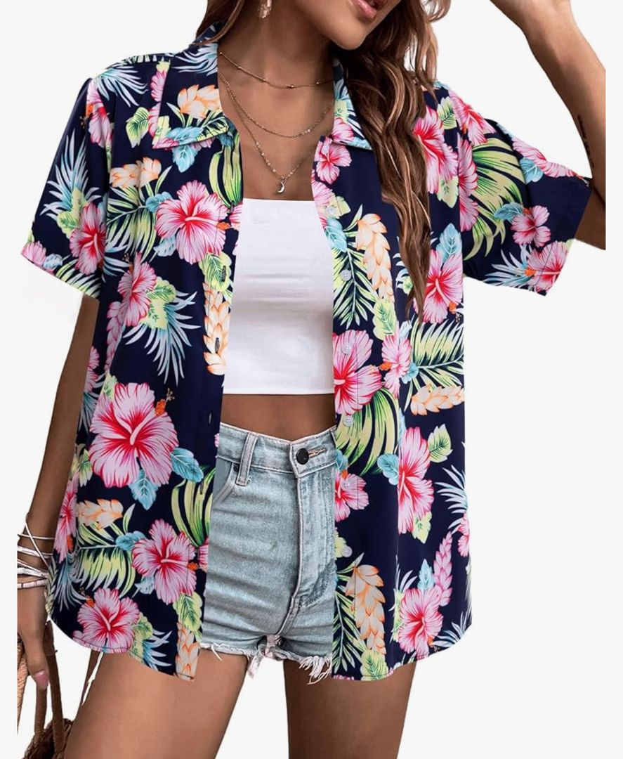 Women Hawaiian Shirt Soft Cool Summer Hawaii Shirts Floral Tropic Print V Neck T-Shirt Short Sleeve Button Up Tops.XL