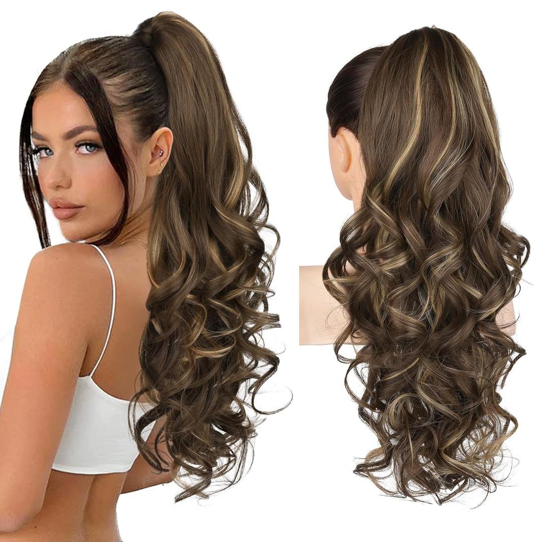 REECHO Ponytail Extension, 24" Claw Clip Ponytail Extension Wavy Ponytails Hair Extensions Jaw Clip on Pony Tails Natural Synthetic Hairpiece for Women Daily, Chocolate Brown with Highlights