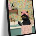 Framed Vintage Cat Canvas Wall Art, Funny Pink Animal Reading Books Painting Picture Print, Cute Kitten Lovers Aesthetic Wall Decor for Nursery Girls Room Bedroom Kids Room 16''L x 12''W