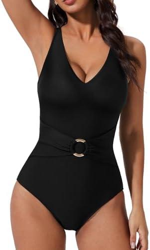SUUKSESS Women Retro One Piece Swimsuit Metal Tummy Control V Neck Bathing Suit M