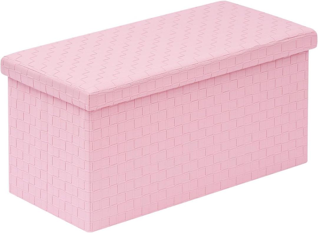 B FSOBEIIALEO Folding Storage Ottoman, Faux Leather Footrest Seat Long Shoes Bench Box Chest, Pink 30"x15"x15"