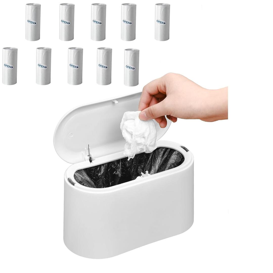 SUBEKYU Mini Trash Can with Lid,Small Desk Trash Can,Countertop Mini Garbage Cans,Tiny Waste Basket,White,with 3 roll Bags