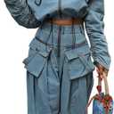 Angsuttc Womens Two Piece Sets Denim Outfit Ruched Long Sleeve Zip Up Cropped Jean Jacket Wide Leg Pants Chic Set (Large, Blue)