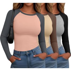 Locoowai 3 Pack Women's Long Sleeve Shirts Fitted Color Block Baseball Tee Raglan Crew Neck Layering Tops (XS)