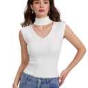 WDIRARA Women's Cut Out Mock Neck Sweater Vest Cap Sleeve Pullover Elegant Knit Tops (White, XL)