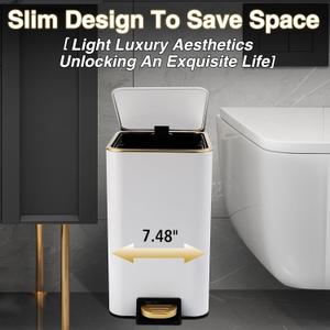 Small Bathroom Trash Can with Lid Soft Close, 1.8 Gallon Stainless Steel Garbage Can with Removable Inner Bucket, Slim Step Pedal Trash Bins (White)