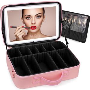 Plus Size Travel Makeup Bag with Large Lighted Mirror, Makeup Cosmetic Train Case with Detachable Mirror and Light Waterproof Artist Organizer with Adjustable Dividers Gift for Women (Pink)