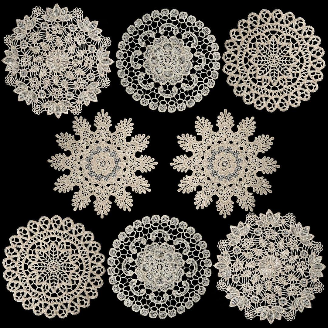 8 Pieces 8 Inch Cotton Lace Doilies Crochet Handmade Lace Coasters Round Lace Placemat Rustic Table Doilies Decors for Kitchen Dining Room Party Dressers Dream Catcher Decoration (Beige) (Beige Combo 1)