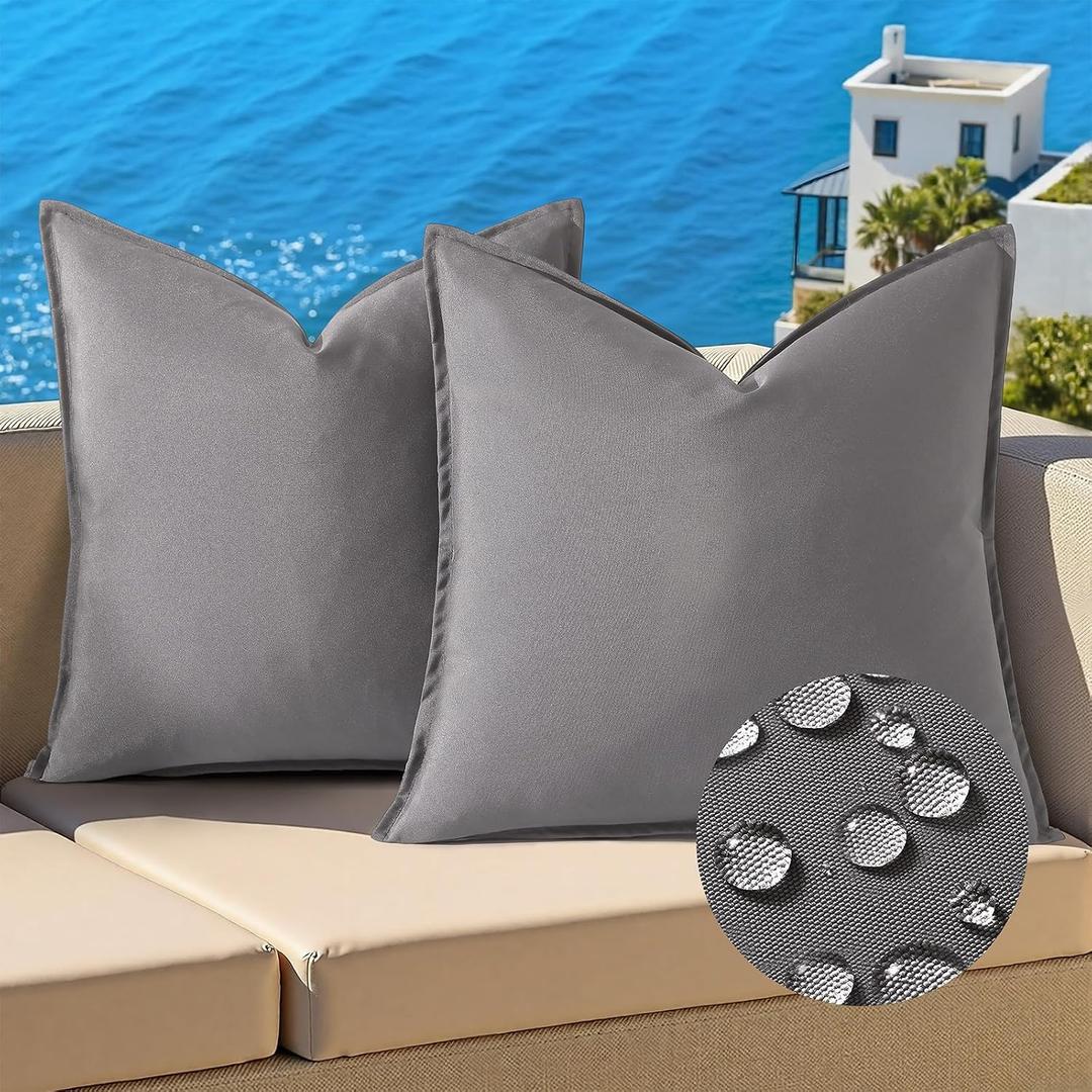 decorUhome Outdoor Waterproof Faux Linen Throw Pillow Covers 18x18 Inch Set of 2 Decorative Natural Farmhouse Pillow Cases with Flange Edges for Summer Couch Garden Patio Balcony Porch, Light Grey