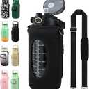 chunmo Half Gallon 64oz Glass Water Bottle with Straw and Storage Sleeve Motivational Water Bottle with Strap and Time to Drink 2L Leakproof Reusable Water Jug for Fitness Gym and Outdoors (Black)