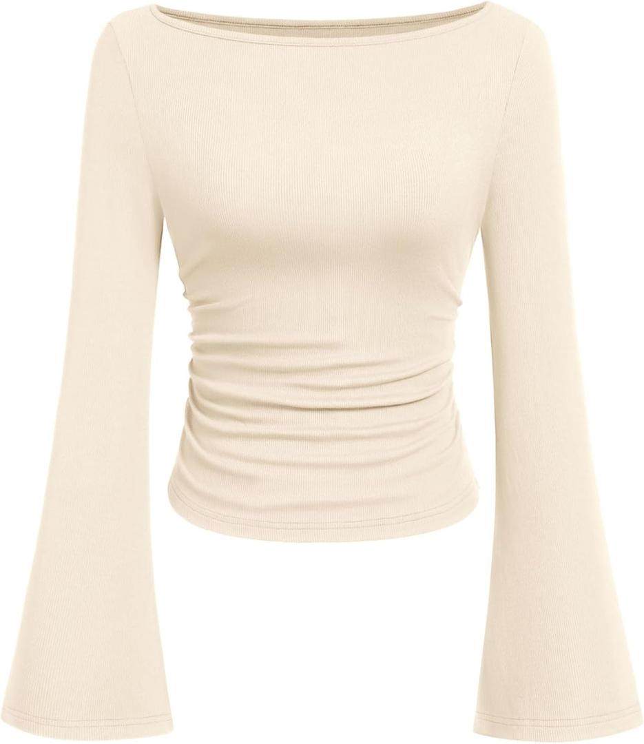 PRETTYGARDEN Womens Long Sleeve Shirts 2026 Spring Crop Going Out Tops Casual Boat Neck Bell Sleeve Ribbed Ruched Y2K Clothes (Small, Beige)
