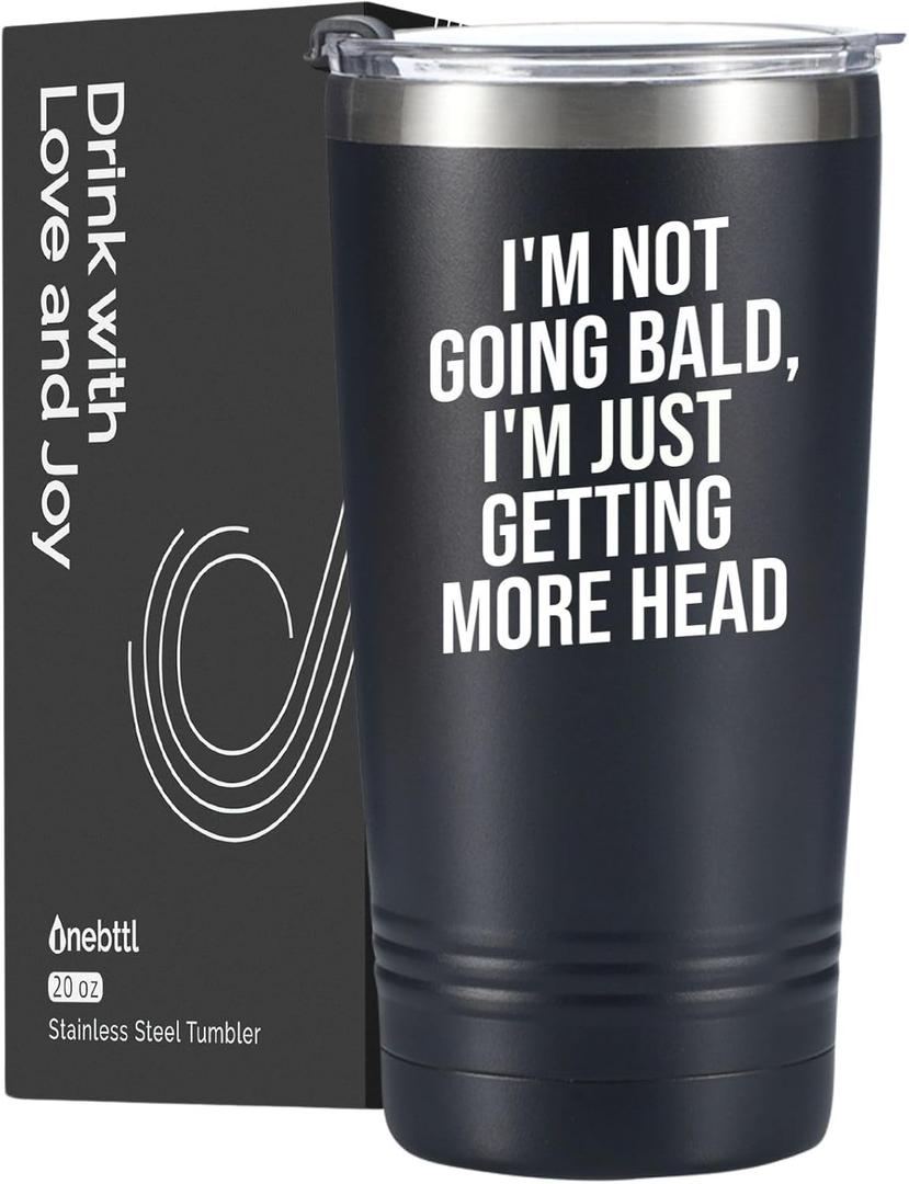 Onebttl Bald Guy Gifts for Man, Coworker, Friends, Dad, Husband on Father's Day Birthday, Christmas, Stainless Steel Travvel Mug Tumbler 20oz, Black