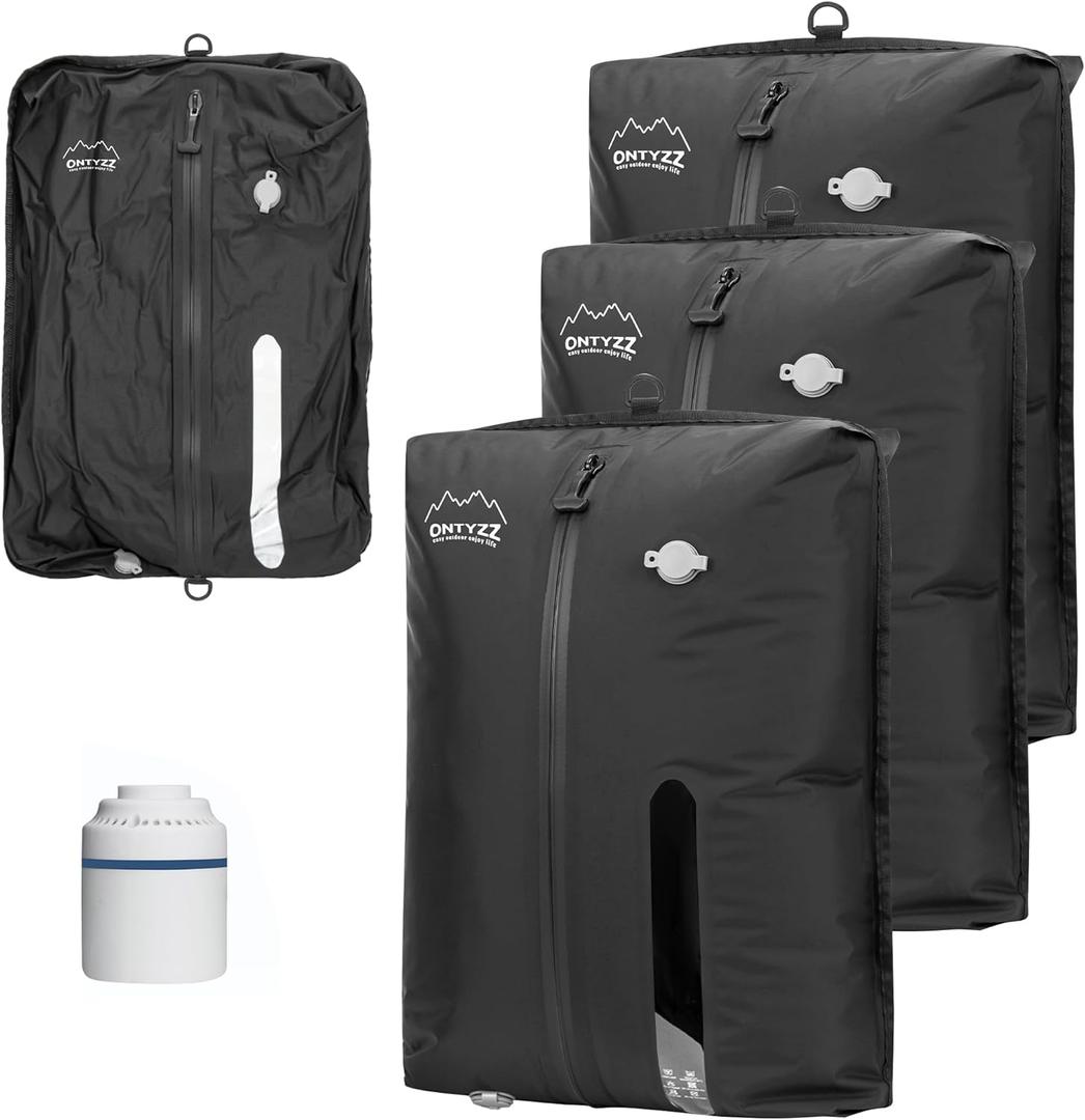 ONTYZZ Vacuum Bags for Travel, Reusable Vacuum Compression Bag, Recycled IPX8 Waterproof Space Saver Bag for Luggage/Camping/Home Storage (3 Pack with Air Pump-Black)