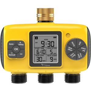 3 Zone Sprinkler Timer for Garden Hose,Water Timer with 3 Independent Zone,Programmable Automatic&Manual Irrigation System with Brass Inlet,Rain Delay,IPX5 Waterproof,LCD Display for Yard,Lawn,Pool