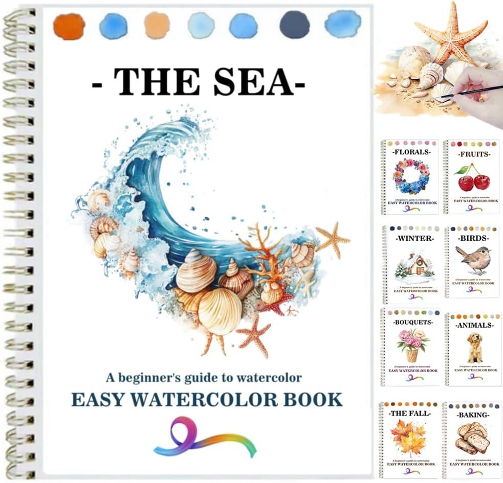Watercolor Workbooks Coloring Book Beginner Friendly Painting Kit Easy Nature Scenes Paint Set Art Crafts for Creative Exploration Gift for Adults (Seaside, Without Palette)
