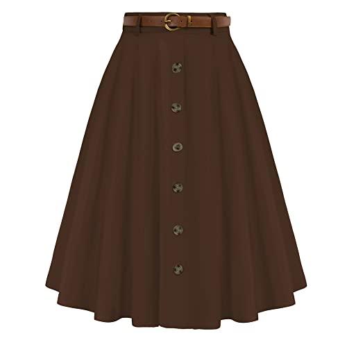 Womens Brown Midi Skirts Below Knee Length A-Line Long Skirt High Waist for Women Brown L