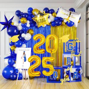 Blue and gold Graduation Decorations 2025 Set of 4 GRAD Balloon Boxes with Balloon Arch Garland Kit mylar balloons and shimmer Fringe Curtains So Proud of You 2025 prom Graduation Decorations