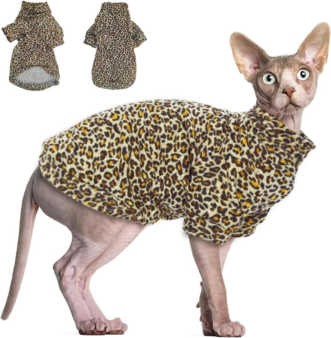 Sphynx Cat Sweater Leopard Hairless Cat Clothes Sweater Shirt Soft Warm Long Sleeves Pullover Pet Clothes Pajamas Dog Cloth for Small Dogs Jumpsuit Pet Sweaters (Leopard, Large)