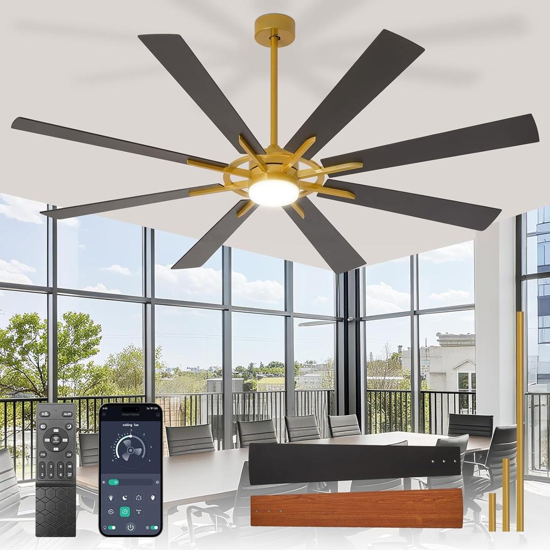 Large Ceiling Fans with Lights: Modern 72 Inch 8 Blade Outdoor Ceiling Fan with Remote APP Control - Dimmable Black Gold Big Fan light Indoor Reversible 6 Speed Quiet DC Motor,  Black and Gold 01, 72 Inch