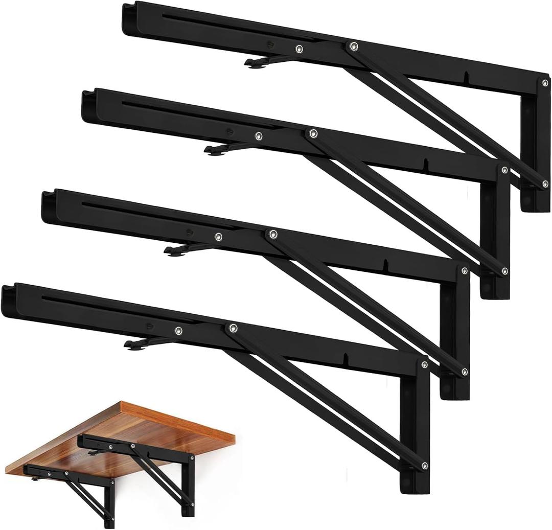 Storystore Folding Shelf Brackets - 18 Inch Heavy Duty Metal Collapsible Shelf Bracket for Bench Table, Shelf Hinge Wall Mounted Space Saving DIY Bracket, Max Load: 150 lb (4 PCS, Black)