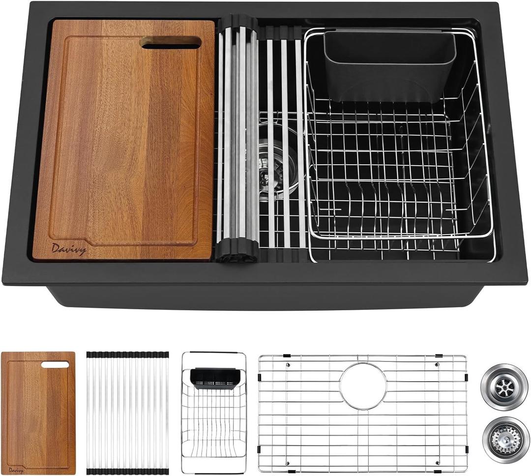 Davivy 27 Inch Black Granite Kitchen Sink Workstation, 27 x 18 Black Undermount/Drop In Kitchen Sink, Deep Quartz Composite Single Bowl with Accessories