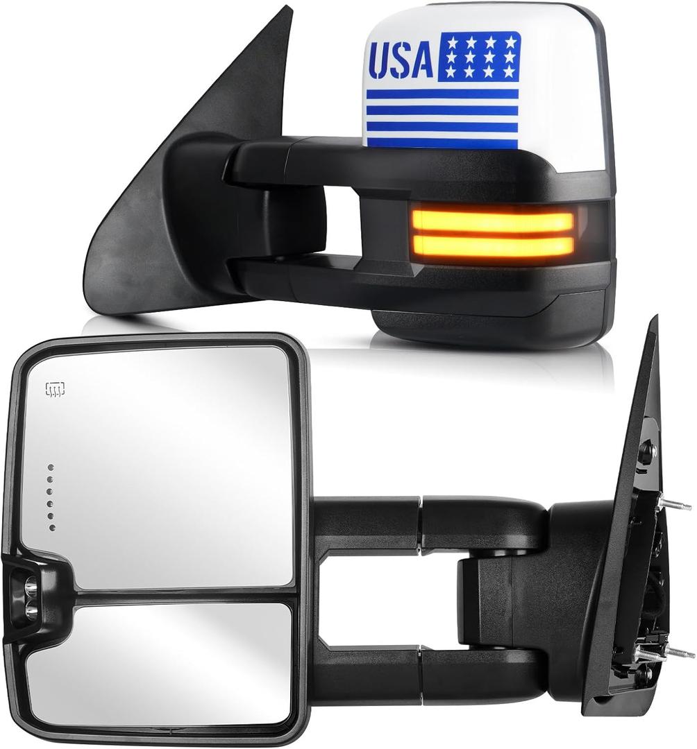 Towing Mirrors for Toyota 2007-2017 Tundra, 2008-17 Sequoia Power heated with Turn Signal Running Light Manual Folding Telescoping (1 Pair)