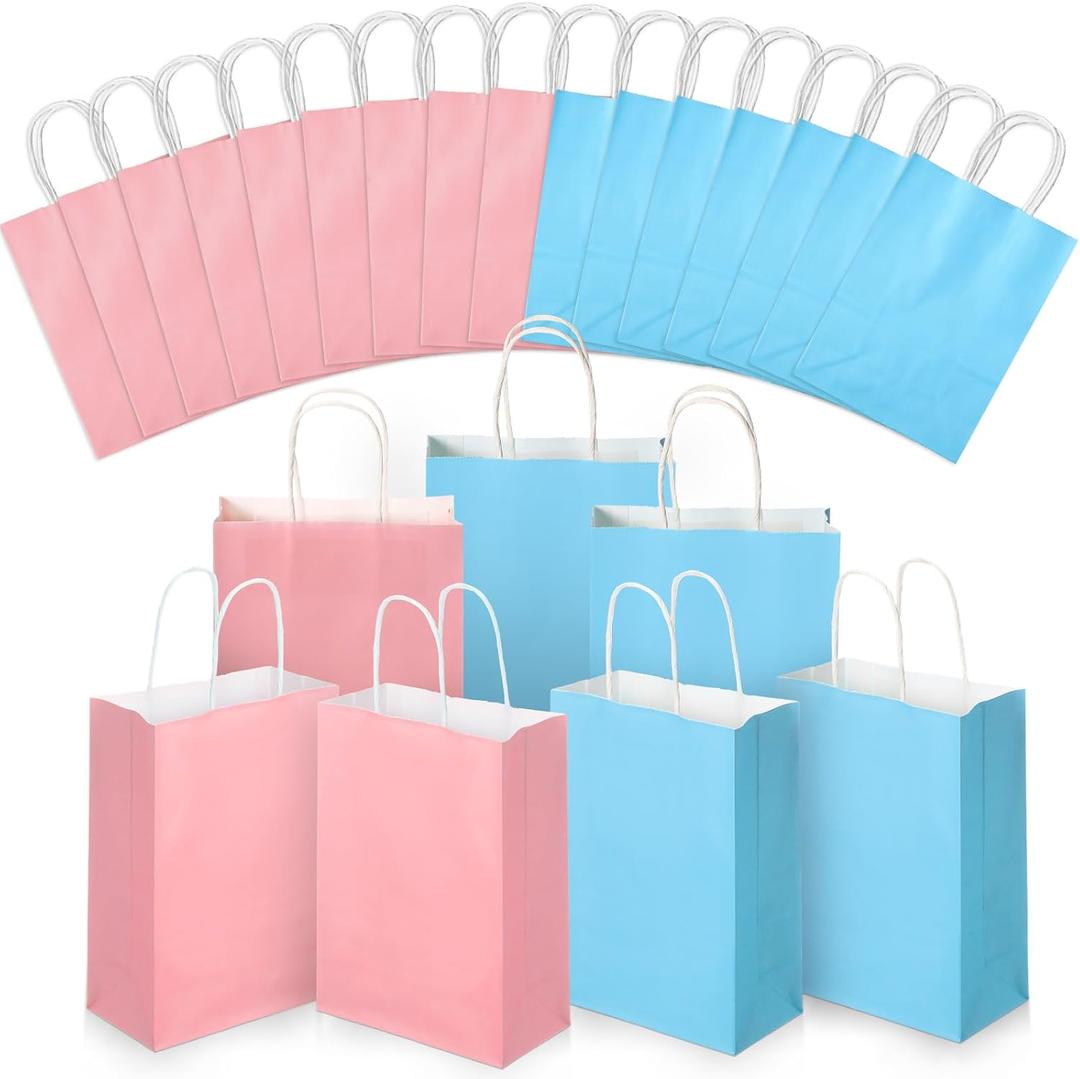 Skyygemm 32 Pcs Paper Gift Bags Bulk with Handle, 6.3 x 3.2 x 8.6 Inch Assorted Colors Kraft Goodie Gift Wrap Bags for Birthday Party Favor Decor(Blue and Pink)