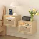 iyrany Floating nightstand Set of 2 with USB Ports, outlets, and led Light Strip  Modern Wall-Mounted nightstands with Oak and Rattan Design