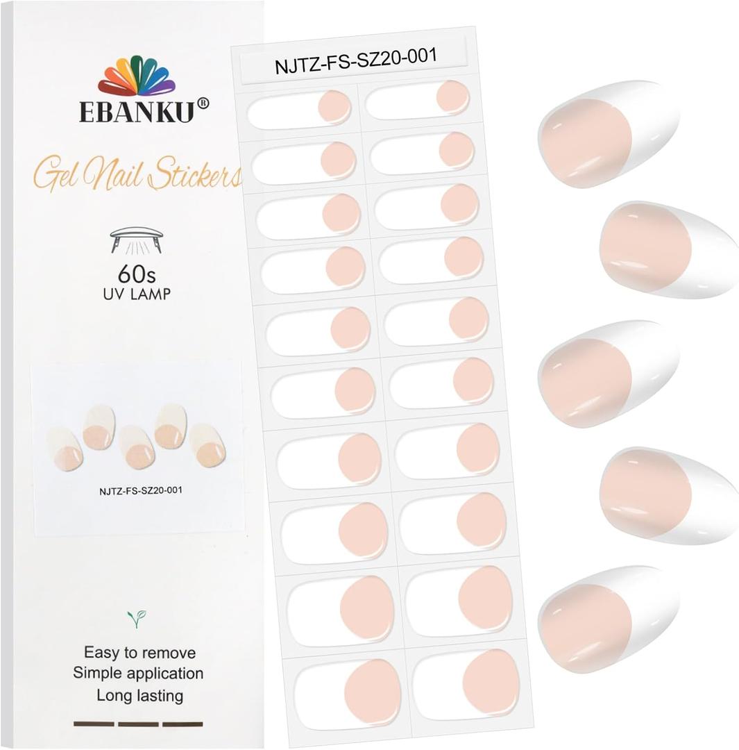 EBANKU 20Pcs Semi-Cured Gel Nail Strips, Nude Deep French Nail Sticker, Lasting Waterproof Full Wraps Stickers for Salon Manicures, Perfect for Women, Girl with File and Stick