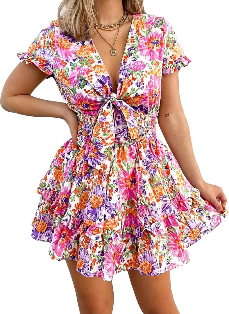 PRETTYGARDEN Women Summer Mini Short Dress 2025 Short Sleeve Casual Beach Vacation Sundress V Neck Tiered Sun Dresses (Medium, Floral White)