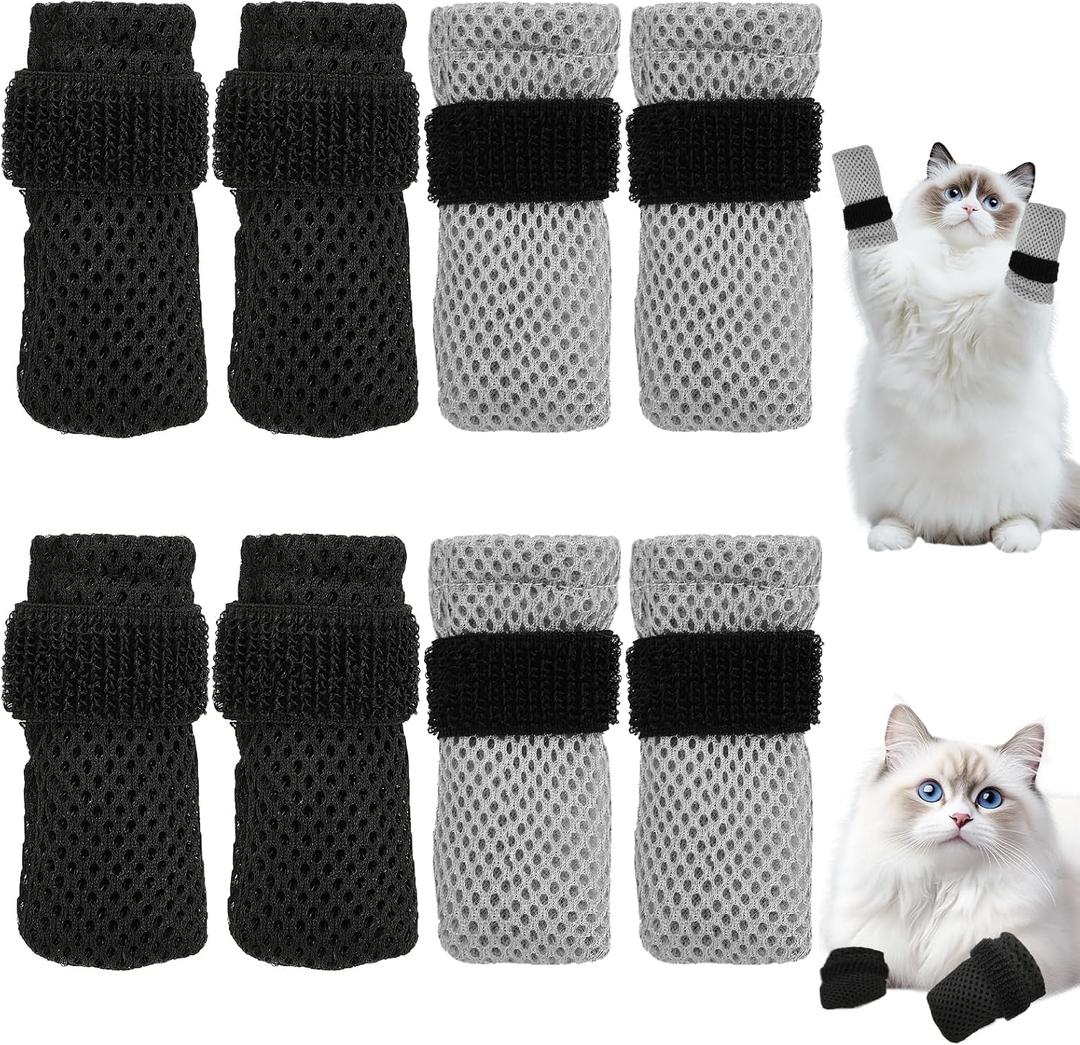 8 Pcs Cat Claw Covers, Shoes Booties For Cats Mittens To Prevent Scratching Socks Adjustable Breathable Mesh Puppy Indoor Gloves Paw Kitten Boots Suitable For Bathing And Nail Trimming (Grey + Black)