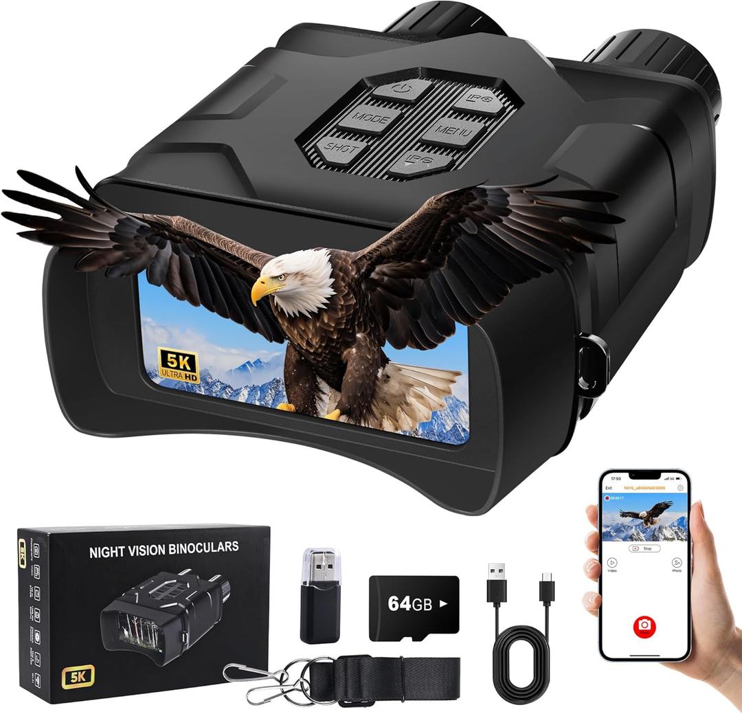 Night Vision Goggles - 5K Night Vision Binoculars for Adults, 10X Digital Zoom, 4'' UHD IPS Screen and 64GB TF Card for Photos and Videos Perfect for Outdoor Camping and Wildlife Observation
