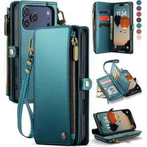 Defencase for iPhone 17 Pro Max Case Wallet with RFID Blocking Card Holder for Women Men, Fashion PU Leather Magnetic Snap Flip Zipper Strap Wallet Phone Case for iPhone 17 Pro Max 6.9", Blue Green