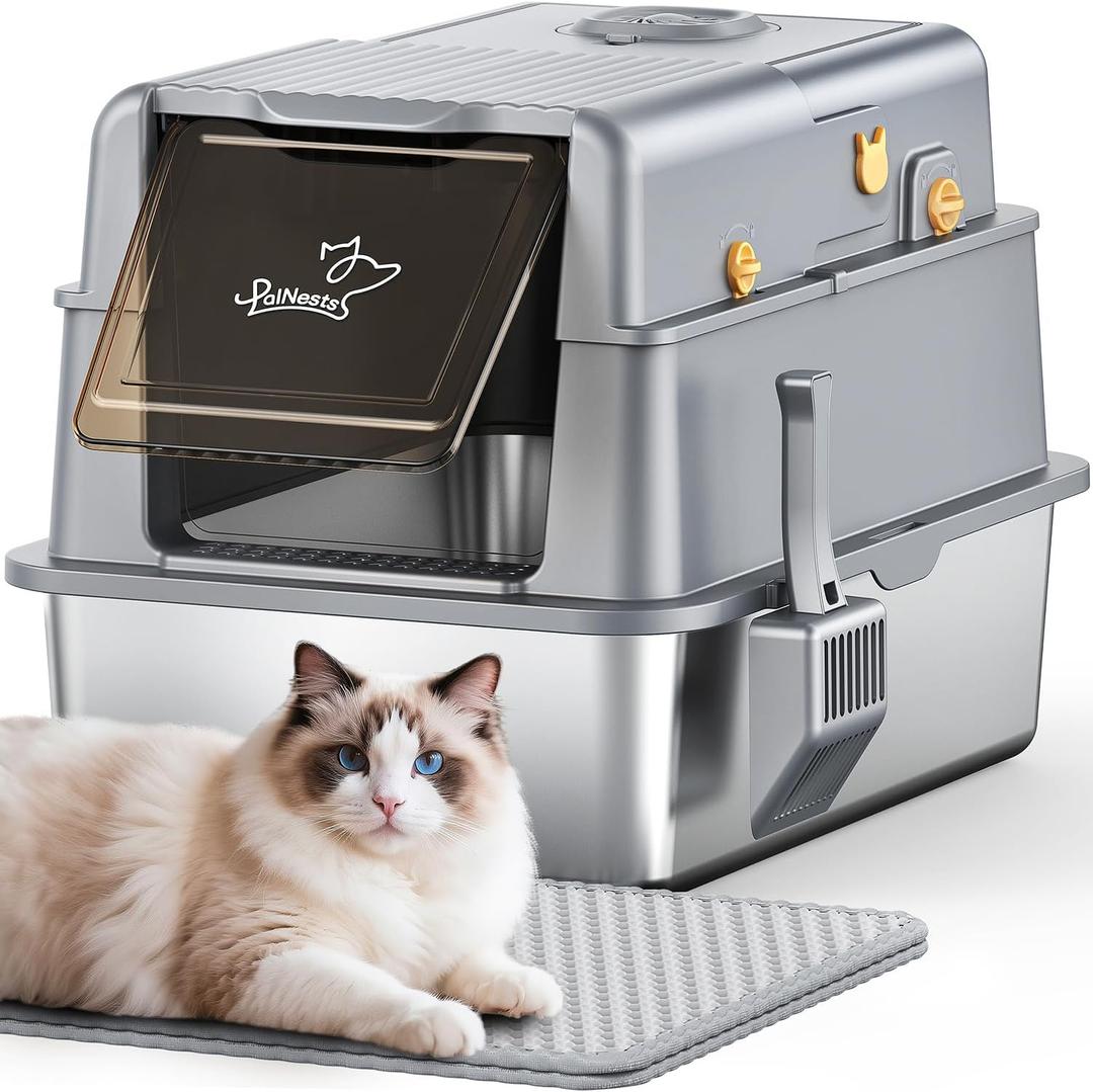 L7 Pro-Stainless Steel Litter Box with Lid, XXL Extra Large Enclosed Metal Cat Box for Kitty&Big Cats, Odor Control - Cat Litter Deodorizer, High Sided Enclosure with Scoop & Mat, Anti-Leakage-Grey