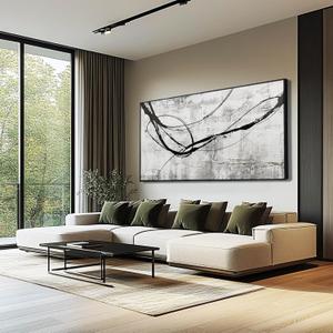 XIANSHOU Black Line Canvas Pictures Gray Decorative Painting 29"x58" Wood Wall Art Modern Art Prints Abstract Wall Art for Living Room Wall Pictures for Bedroom (White)