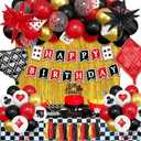 Ouddy Life 103Pcs Casino Theme Party Decorations, Red and Black Happy Birthday Banner Star Heart Poker Foil Balloons Fringe Curtain Paper Tassel Cake Topper for Las Vegas Game Night Party Decorations