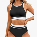 Yonique Women Sport Bikini Set for Teen Juniors Two Piece Swimsuit High Waisted Bathing Suit Size, L, Black & White