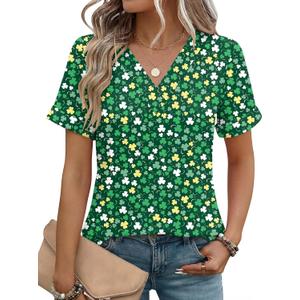 Rapbin T Shirts for Women Short Sleeve V Neck Tshirts Loose Fit Lightweight Soft Casual Summer Spring Tee Tops (Medium, Green White Flower)